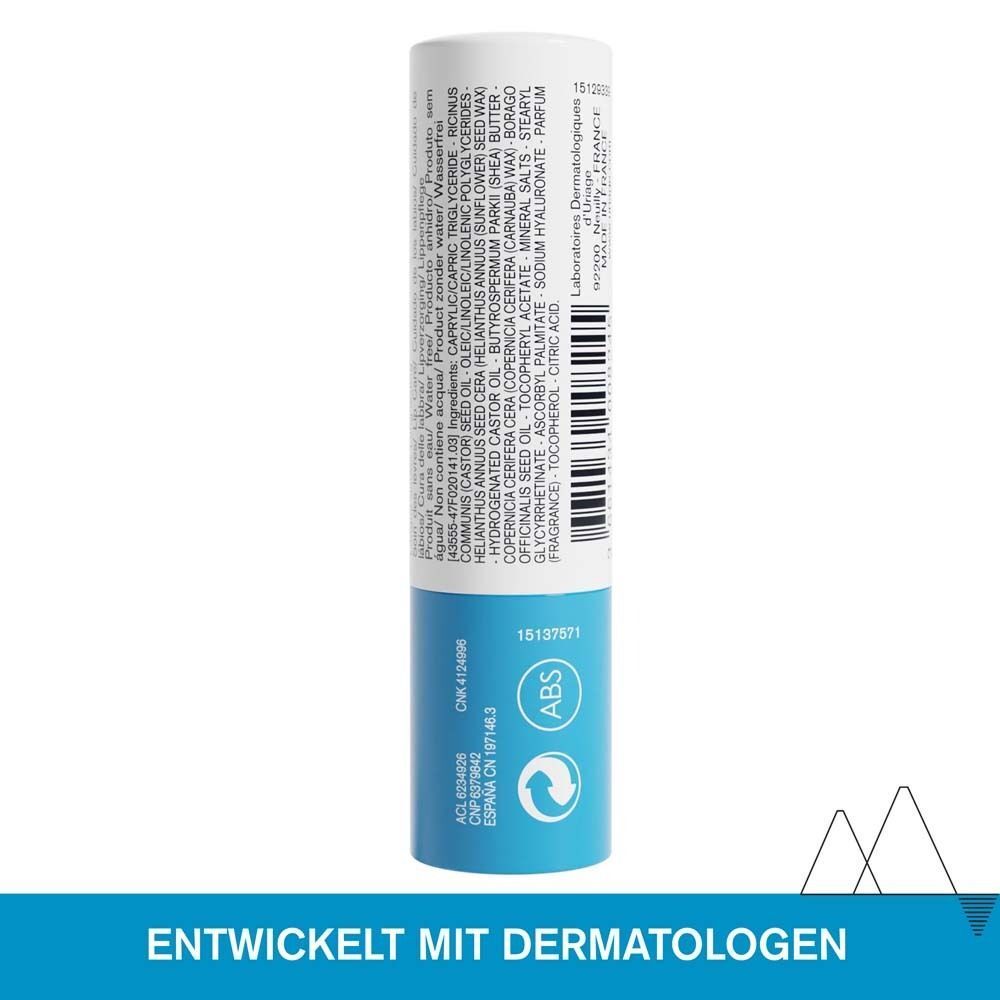 Rückseite des Lippenpflegestifts. Text: Inhaltsstoffe, Laboratoires Dermatologiques. Mit Dermatologen entwickelt.