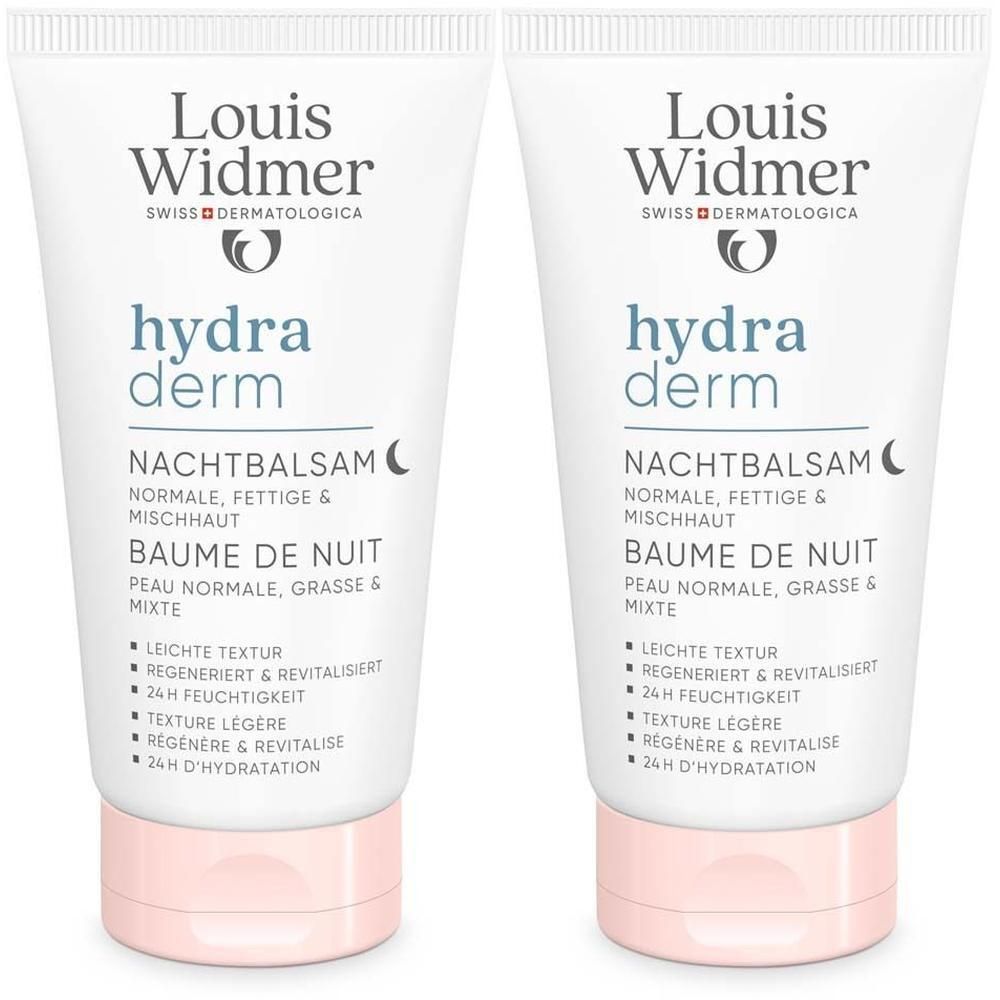 Zwei Tuben Nachtbalsam. Aufschrift: Louis Widmer hydraderm Nachtbalsam, für normale, fettige & Mischhaut. Rosa Verschlusskappe.