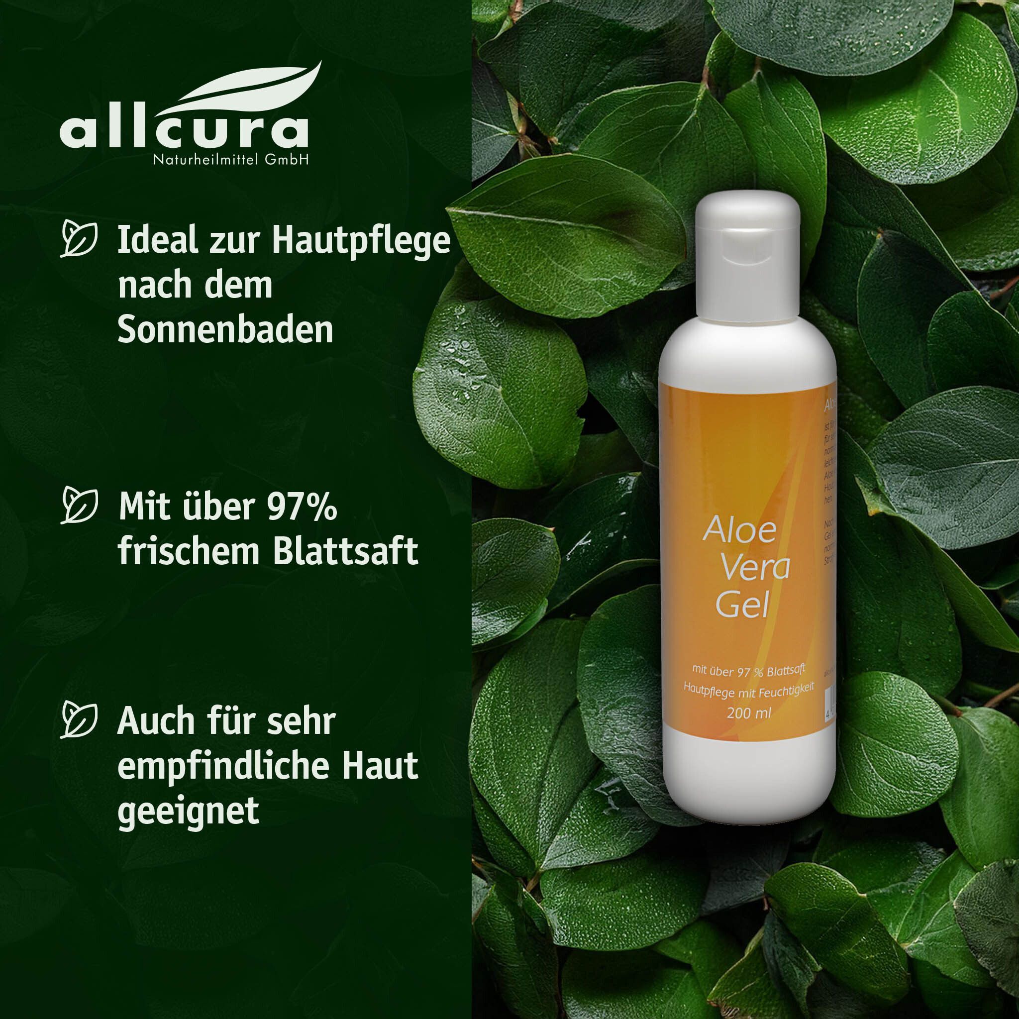 Weiße Flasche Aloe Vera Gel, gelbes Etikett, weißer Deckel. Text: Aloe Vera Gel, 200 ml. Grünpflanzen im Hintergrund.
