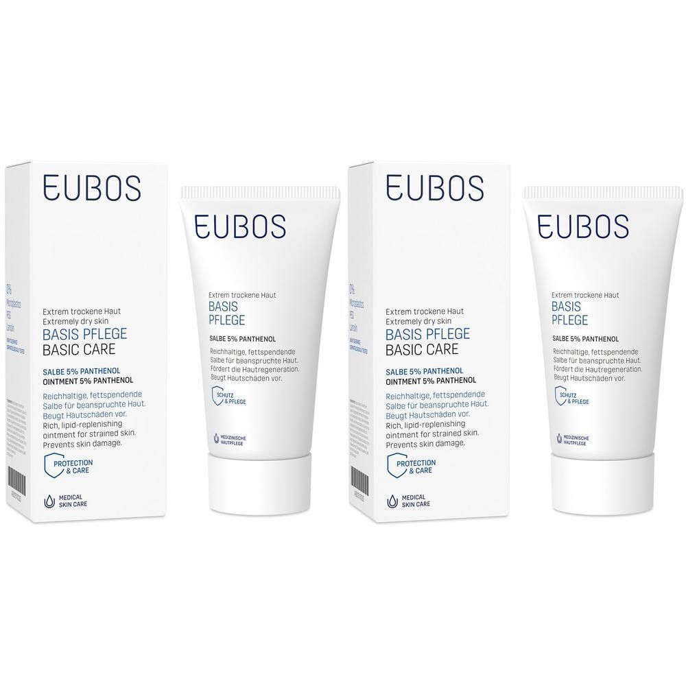 EUBOS Salbe 5% Panthenol, Tuben und Verpackungen. Text: BASIS PFLEGE, extrem trockene Haut. Medizinische Hautpflege.