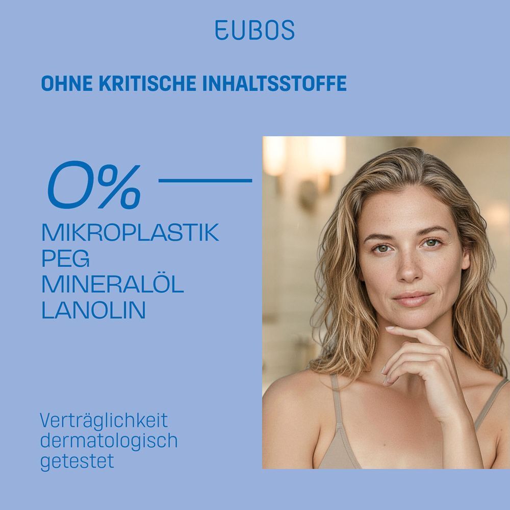 Frau mit Gesicht. Text: OHNE KRITISCHE INHALTSSTOFFE. 0% Mikroplastik, PEG, Mineralöl, Lanolin. Dermatologisch getestet.