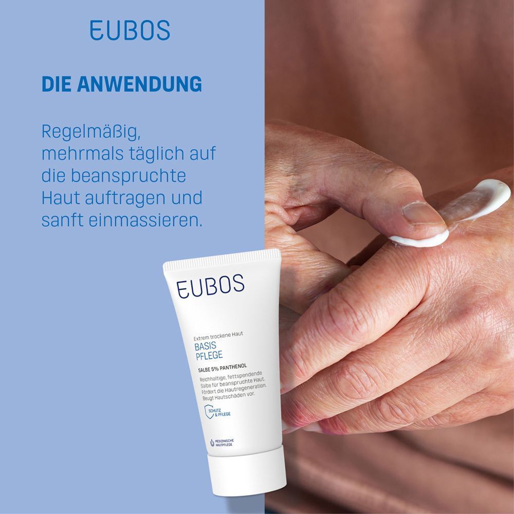 Hand mit Tube EUBOS Salbe 5% Panthenol. Text: DIE ANWENDUNG. Auf beanspruchte Haut auftragen und sanft einmassieren.