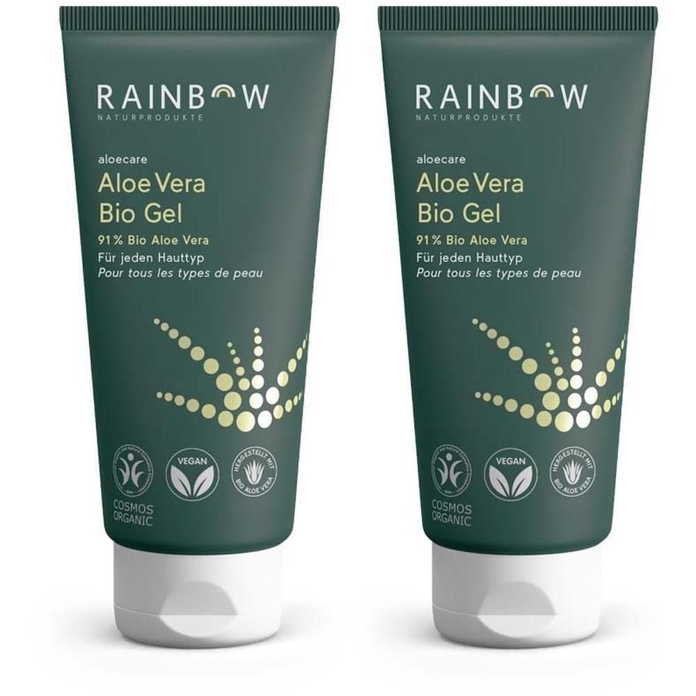 Zwei grüne Tuben mit weißem Verschluss. Aufschrift: RAINBOW Naturprodukte, Aloe Vera Bio Gel, 91% Bio Aloe Vera, für jeden Hauttyp. Logos.