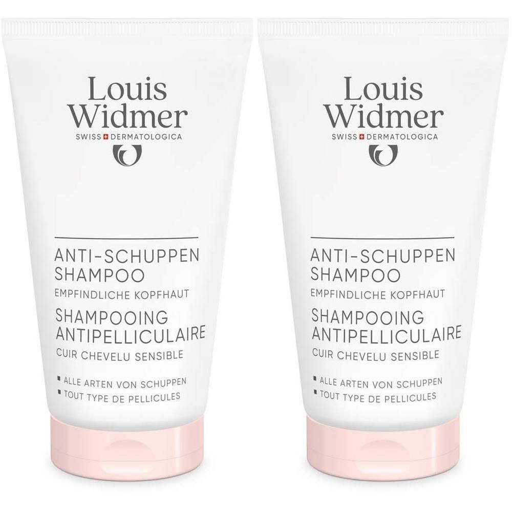 Zwei Tuben Anti-Schuppen Shampoo. Weiß, mit rosa Verschluss. Text: Louis Widmer, Anti-Schuppen Shampoo, für empfindliche Kopfhaut.