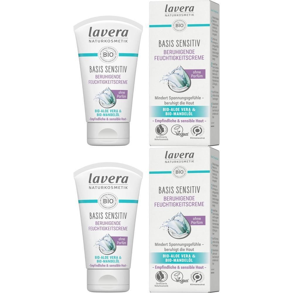 Zwei Tuben und zwei Kartons. Auf den Tuben steht: BASIS SENSITIV BERUHIGENDE FEUCHTIGKEITSCREME. Auf den Kartons steht: BIO-ALOE VERA & BIO-MANDELÖL.