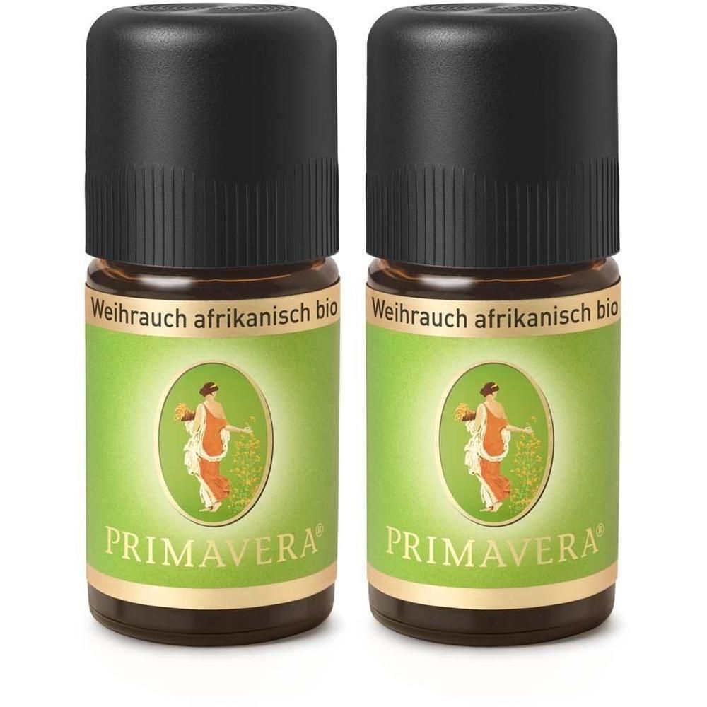 Zwei Flaschen mit schwarzem Deckel. Aufschrift: Weihrauch afrikanisch bio. Logo: Frau mit Blumen. Marke: PRIMAVERA.