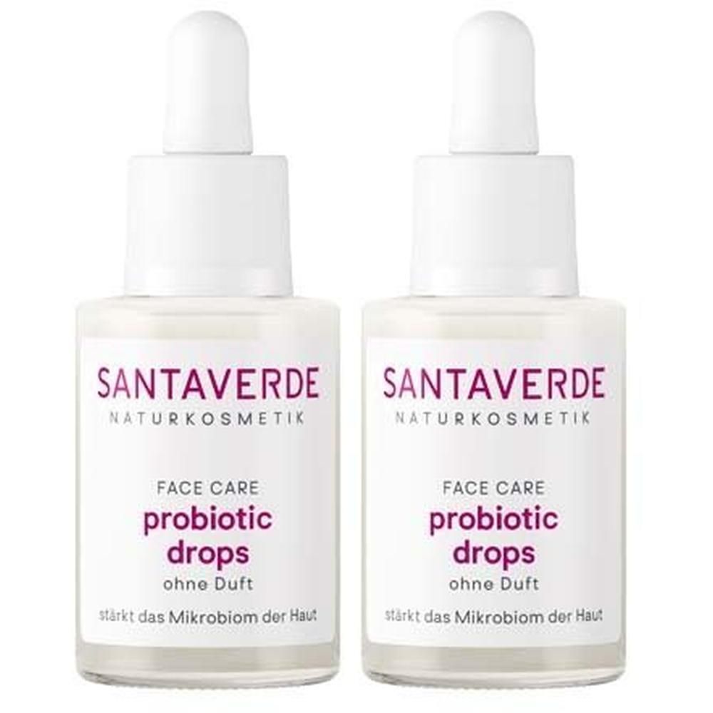 Zwei Flaschen SANTAVERDE PROBIOTIC drops. Weiße Flaschen mit Dosierpipette. Aufschrift: SANTAVERDE, probiotic drops, ohne Duft.