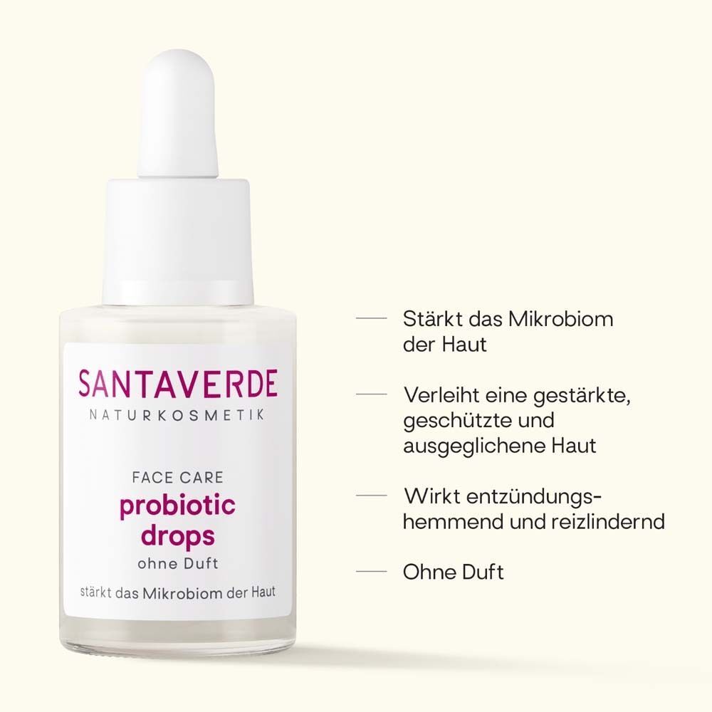 SANTAVERDE PROBIOTIC drops Flasche. Weiße Flasche mit Dosierpipette. Aufschrift: SANTAVERDE, probiotic drops, ohne Duft. Text: stärkt das Mikrobiom der Haut.