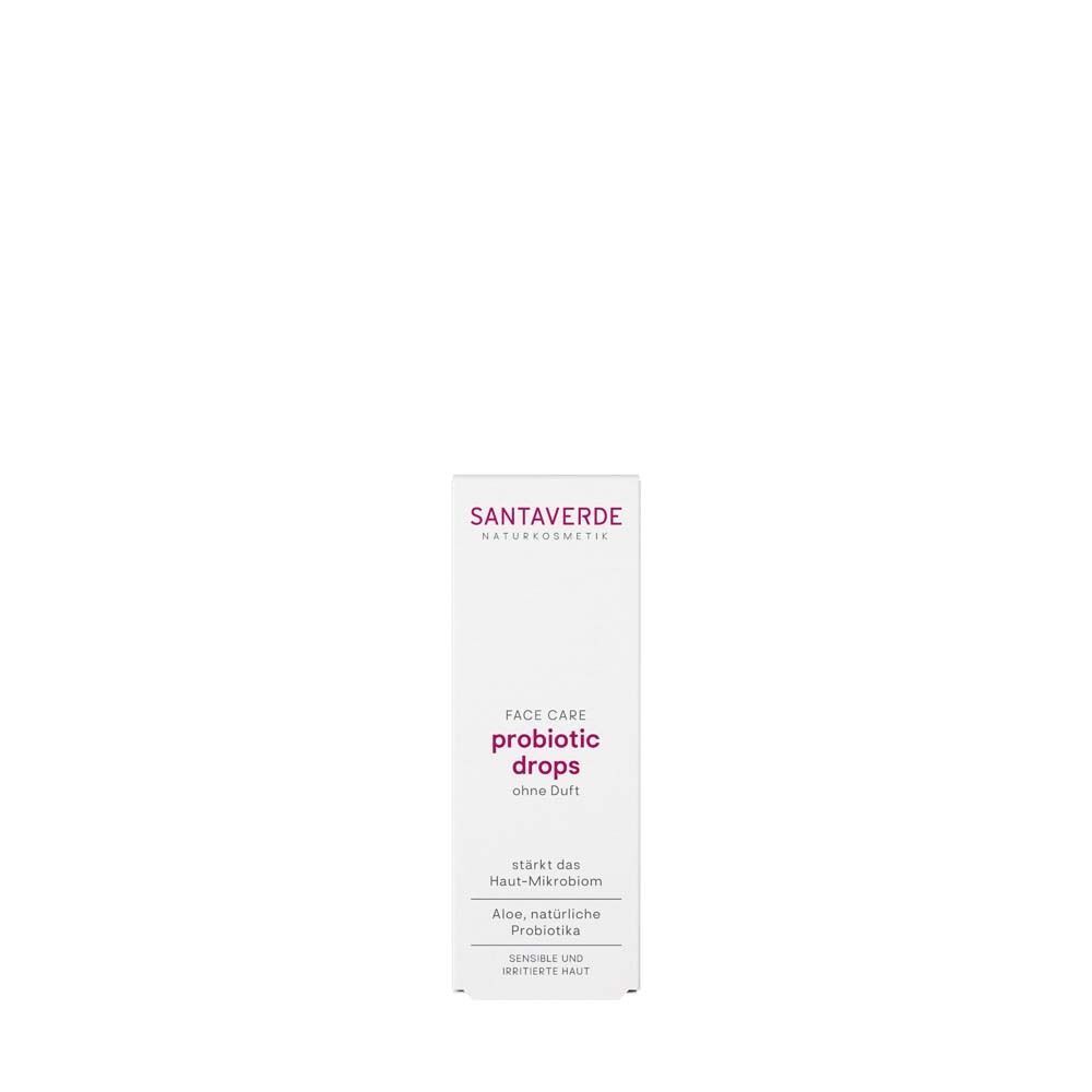SANTAVERDE PROBIOTIC drops Verpackung. Weiße Schachtel. Aufschrift: SANTAVERDE, probiotic drops, ohne Duft.
