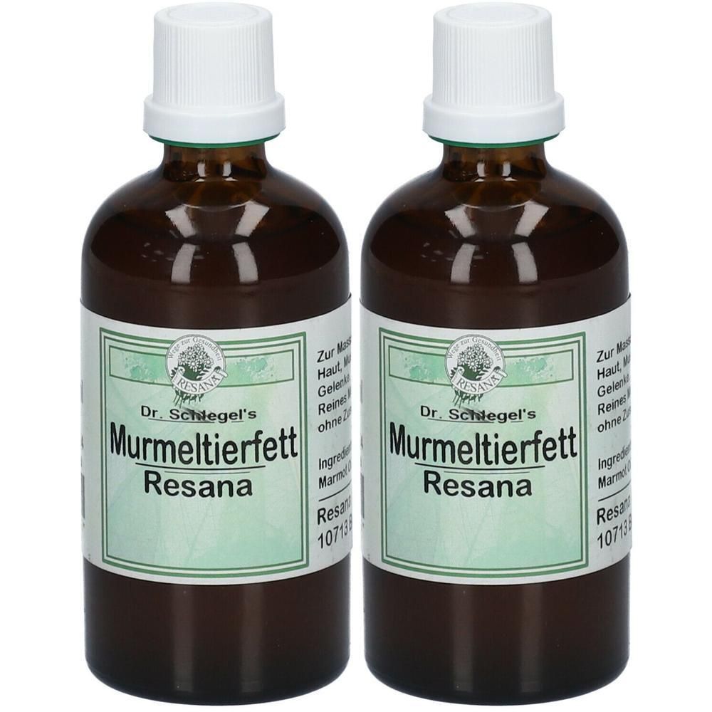 Zwei braune Glasflaschen mit weißem Deckel und Etikett. Auf dem Etikett steht "Murmeltierfett Resana" von Dr. Schlegel.