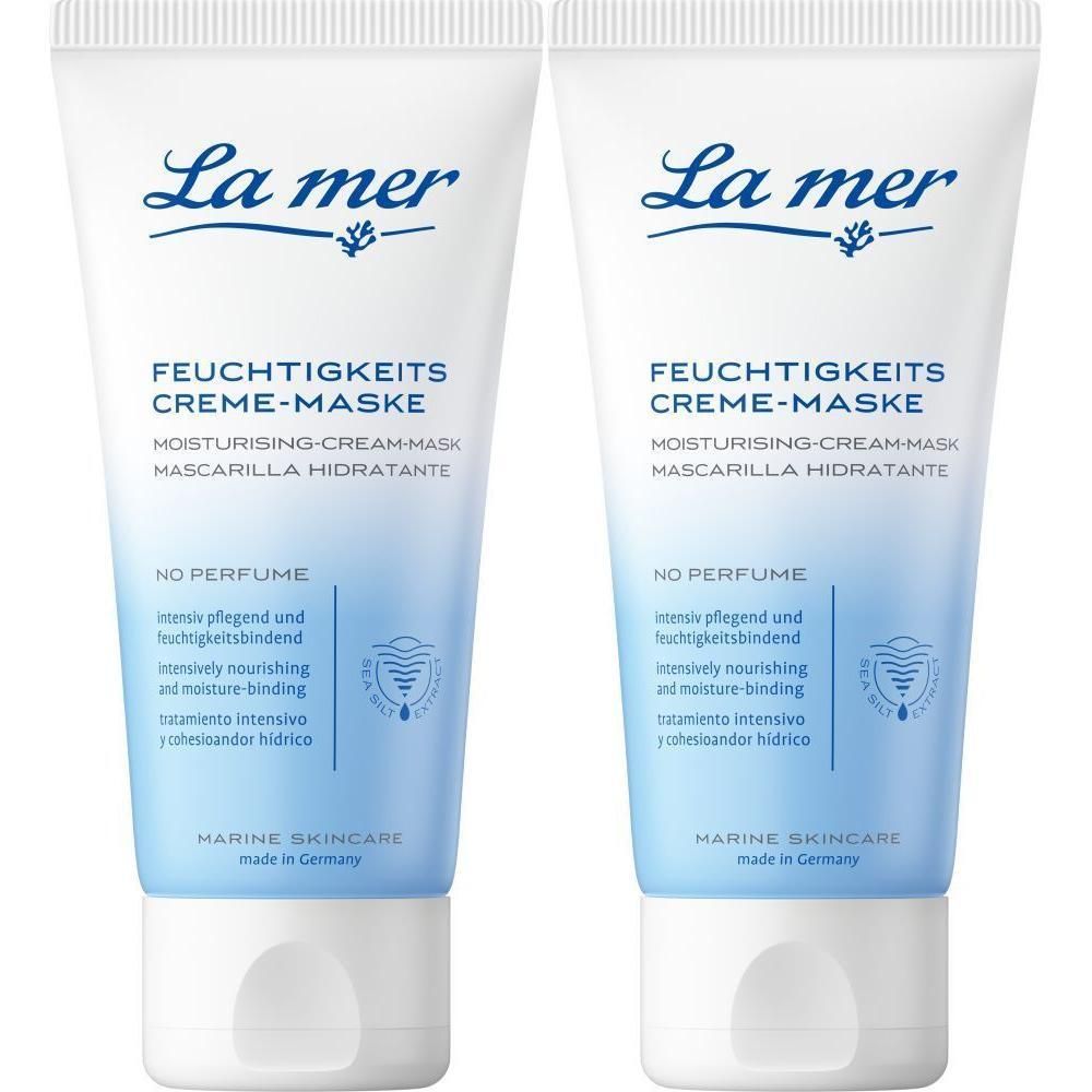 Zwei Tuben La mer FEUCHTIGKEITS-CREME-MASKE. Weiße Tuben mit blauem Aufdruck. Text: MOISTURISING-CREAM-MASK, NO PERFUME, MARINE SKINCARE.