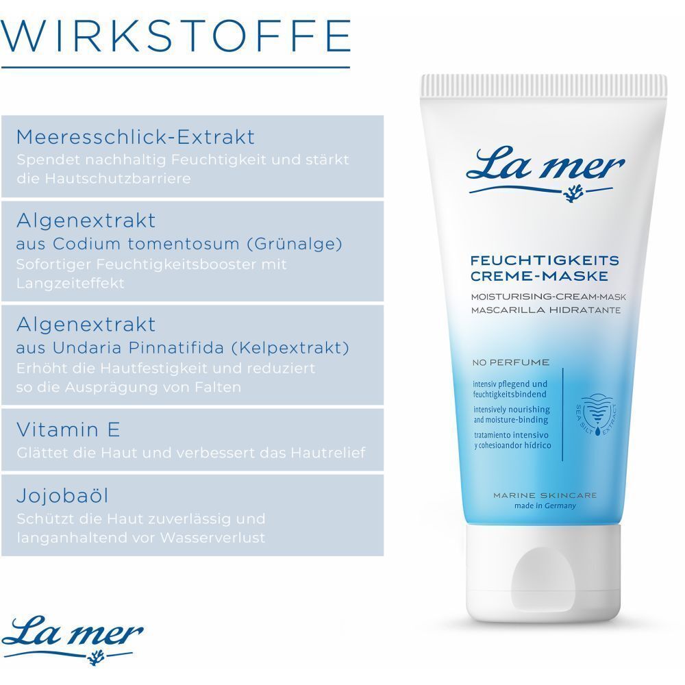 Eine Tube La mer FEUCHTIGKEITS-CREME-MASKE. Text: MOISTURISING-CREAM-MASK, NO PERFUME. Daneben Inhaltsstoffe: Meeresschlick-Extrakt, Algenextrakt, Vitamin E, Jojobaöl.