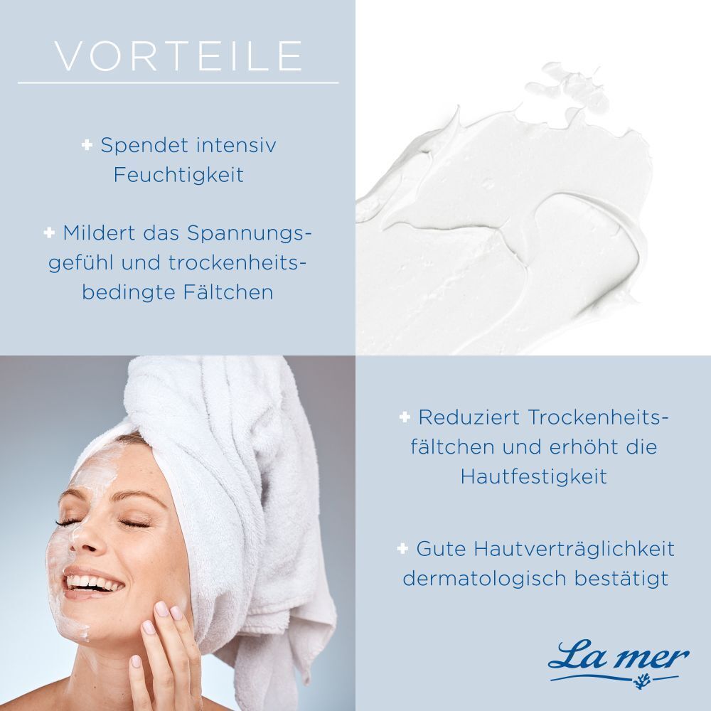 Eine Frau trägt eine Gesichtsmaske. Daneben ein Klecks Creme. Text: Vorteile: Spendet Feuchtigkeit, mildert Fältchen, reduziert Trockenheit, gute Hautverträglichkeit.