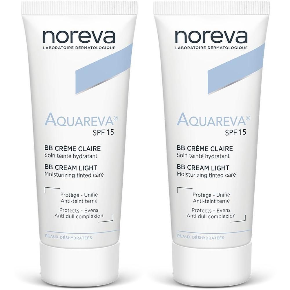 Zwei Tuben noreva AQUAREVA SPF 15 BB Crème Claire. Weiße Tuben mit hellblauem Akzent. Text: BB Crème Claire, BB Cream Light.