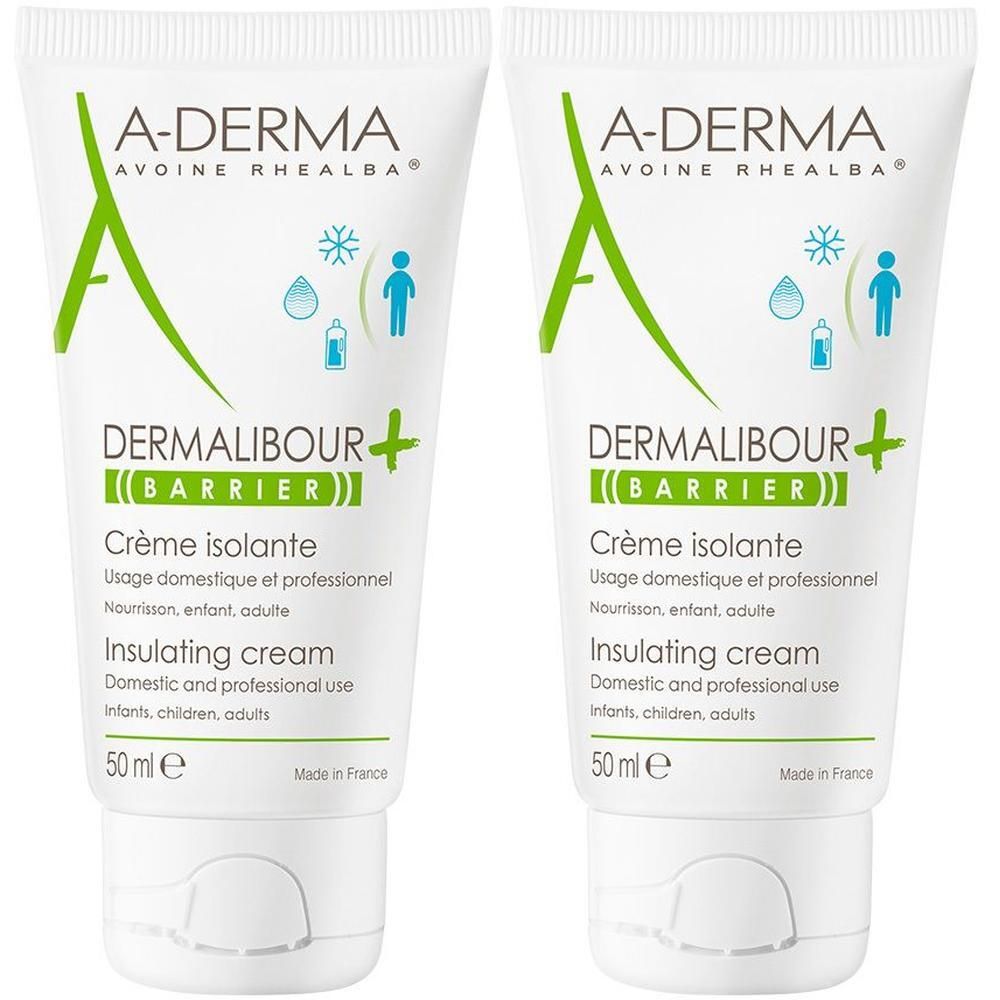 Zwei Tuben A-DERMA DERMALIBOUR+BARRIER. Weiße Tuben mit grüner Schrift und Logo. Produktname und Inhaltsangaben.