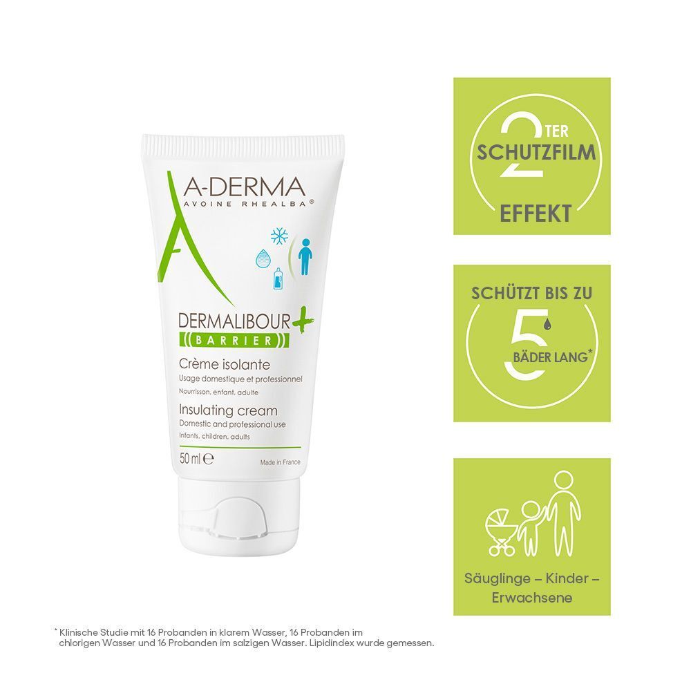 A-DERMA DERMALIBOUR+BARRIER Tube. Weiße Tube mit grüner Schrift. Text: Crème isolante. Zusätzliche Informationen und Icons.