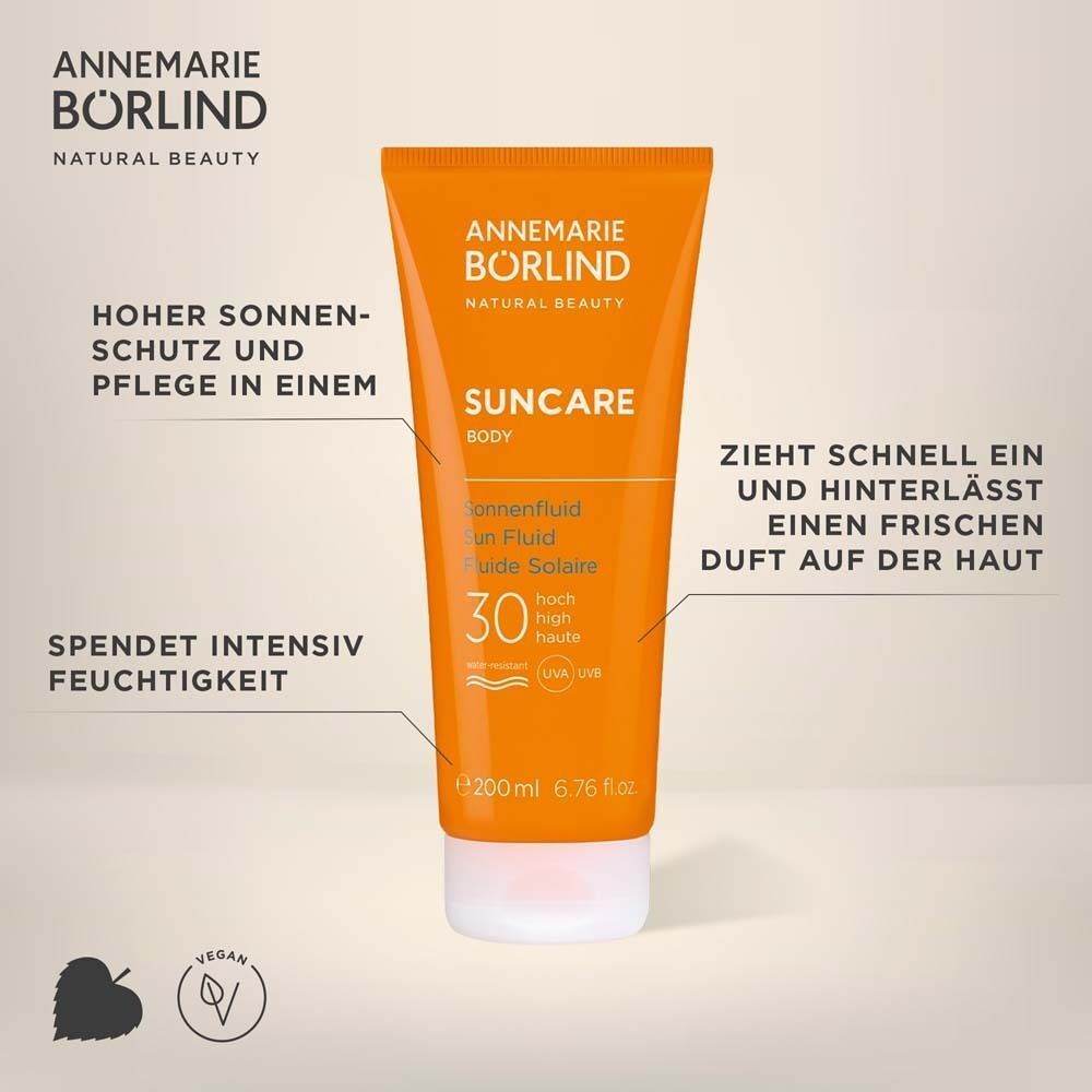Orange Tube mit Text: SUNCAR, Body, Sonnenfluid, LSF 30. Textfelder: hoher Sonnenschutz, spendet Feuchtigkeit.