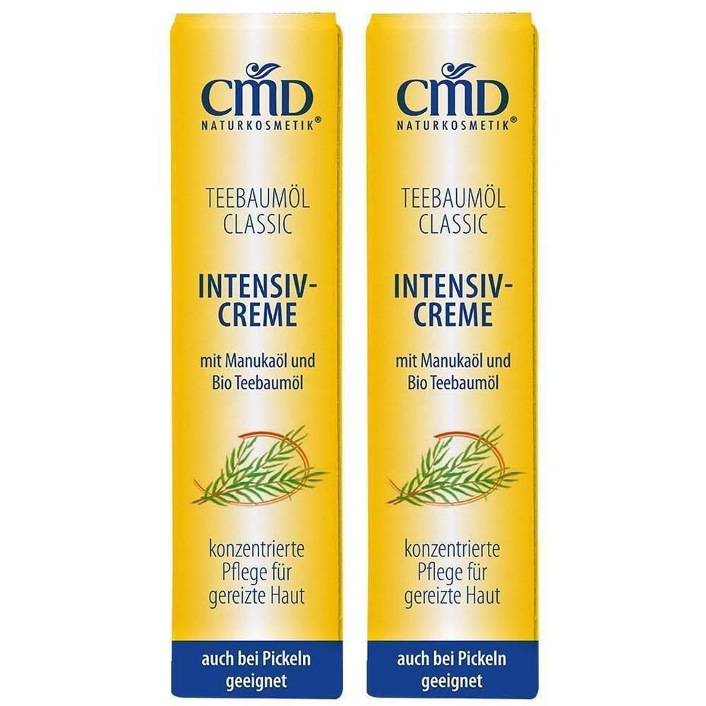 Zwei gelbe Tuben CMD Naturkosmetik Teebaumöl Intensiv-Creme. Aufschrift: Teebaumöl Classic, Intensiv-Creme, mit Manukaöl und Bio Teebaumöl.