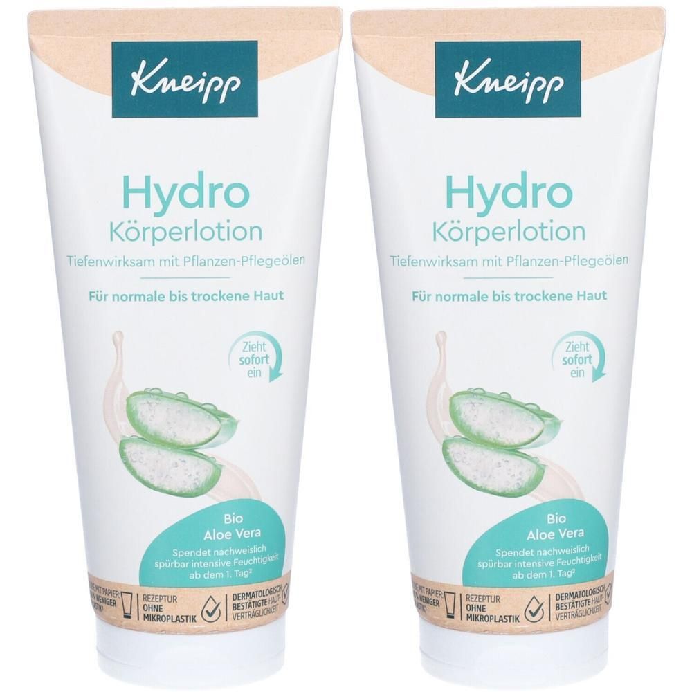 Zwei Tuben Kneipp Hydro Körperlotion Aloe Vera. Weiße Tuben mit grüner Schrift und Aloe Vera-Illustration. Text: Für normale bis trockene Haut.