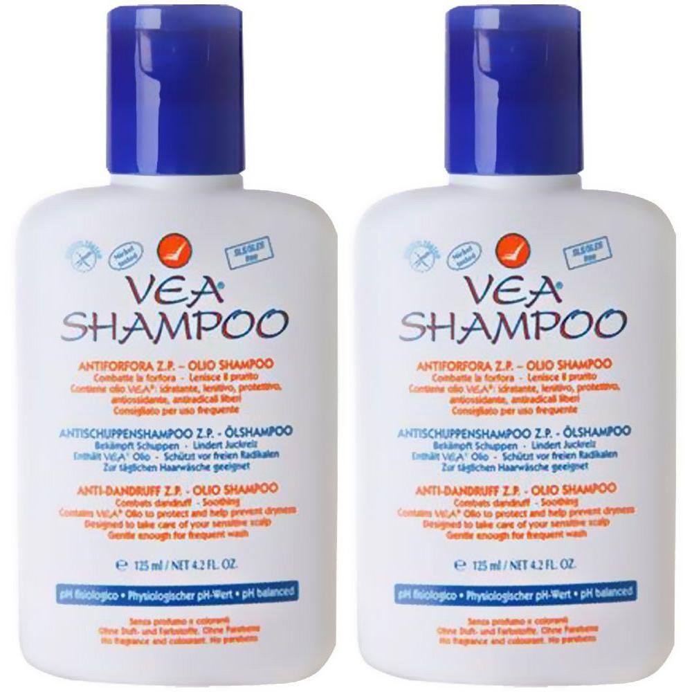 Zwei weiße Flaschen VEA Shampoo mit blauem Deckel. Text: Anti-Schuppen-Shampoo, 125 ml.