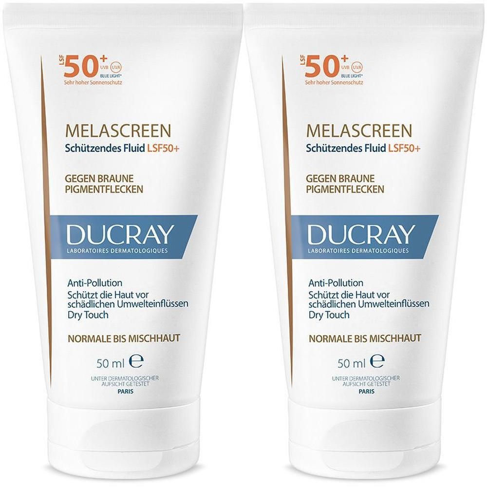 Zwei Tuben MELASCREEN Schützendes Fluid LSF50+ von DUCRAY. Weiße Tuben mit blauer und brauner Schrift.
