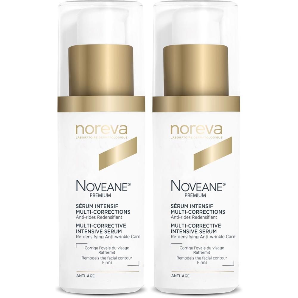 Zwei Flaschen mit weißem Etikett, goldfarbenem Deckel und Pumpkopf. Aufschrift: noreva, Noveane Premium, Multi-Corrective Intensive Serum.