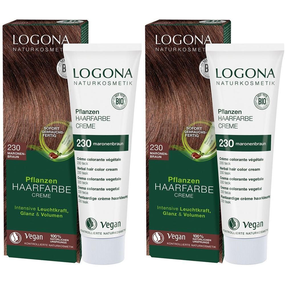 Zwei Packungen Pflanzen-Haarfarbe Creme, Maronenbraun. Tuben und Kartons mit Logo und Produktinformationen. Vegan.