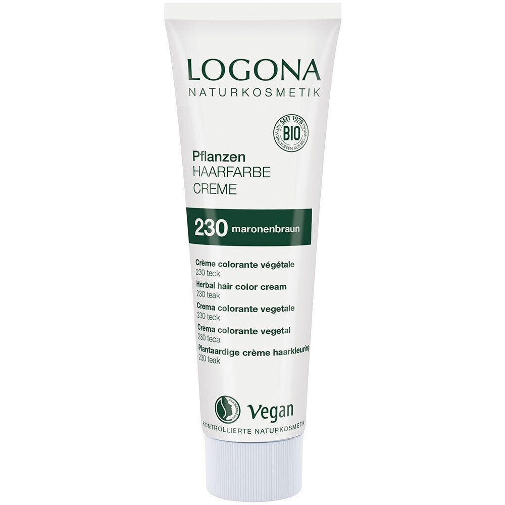 Tube Pflanzen-Haarfarbe Creme, Maronenbraun. Logo, Produktinformationen und Vegan-Siegel. Bio-Zertifizierung.