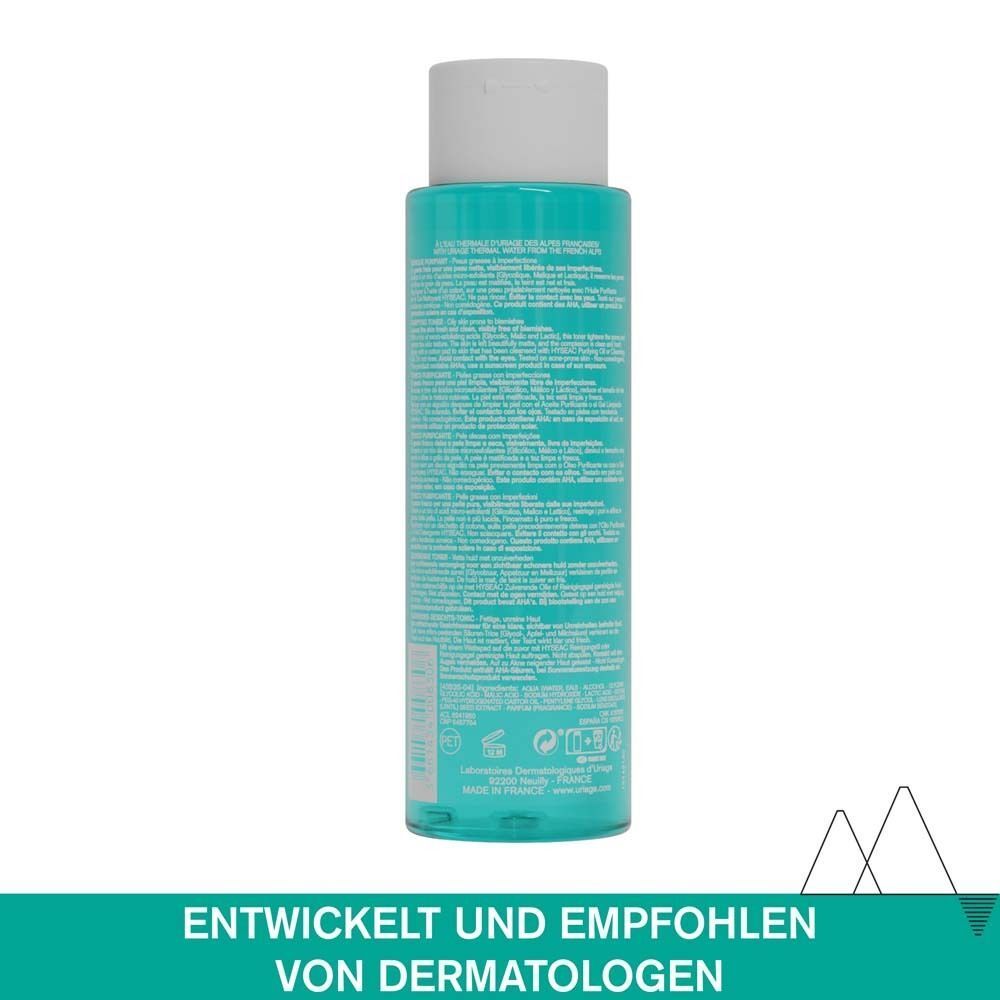 Rückseite einer Flasche URIAGE Hyseac Gesichtstonic. Text mit Informationen. Entwickelt und empfohlen von Dermatologen.