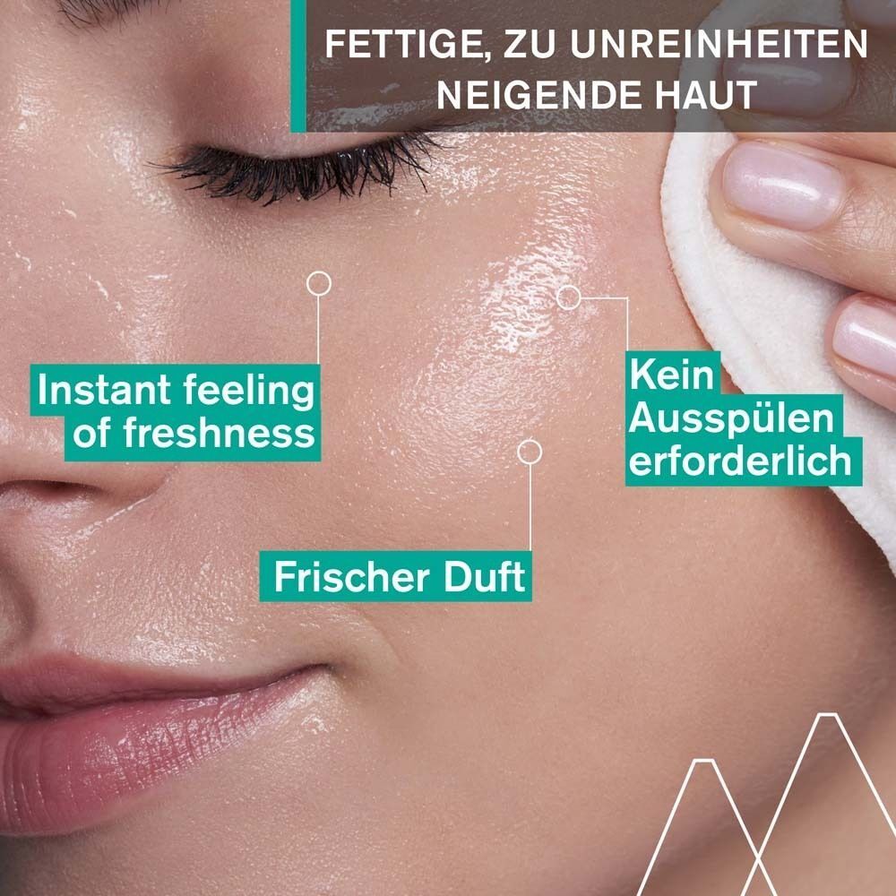 Gesicht einer Frau, die mit einem Wattepad abgetupft wird. Text: Sofortiges Frischegefühl, frischer Duft, kein Ausspülen erforderlich.