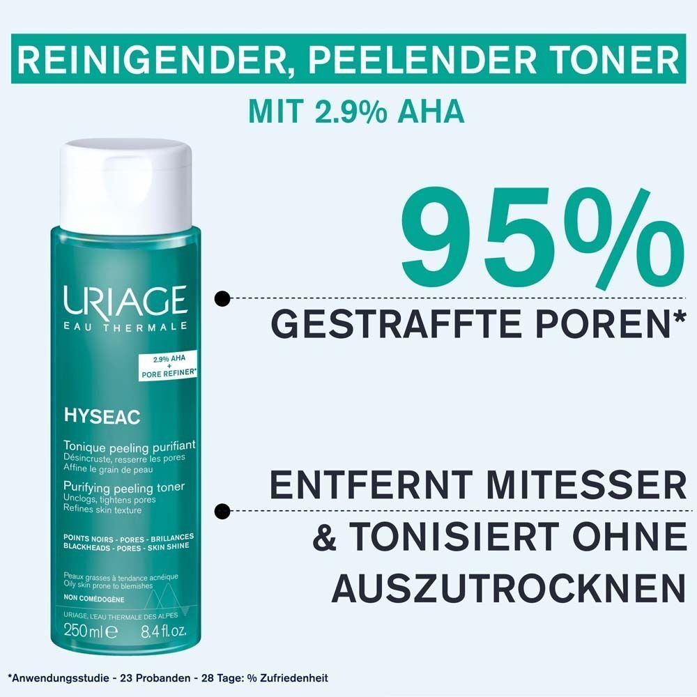 Flasche URIAGE Hyseac Gesichtstonic. Text: Reinigender, peelender Toner mit 2,9% AHA. 95% verfeinerte Poren. Entfernt Mitesser.