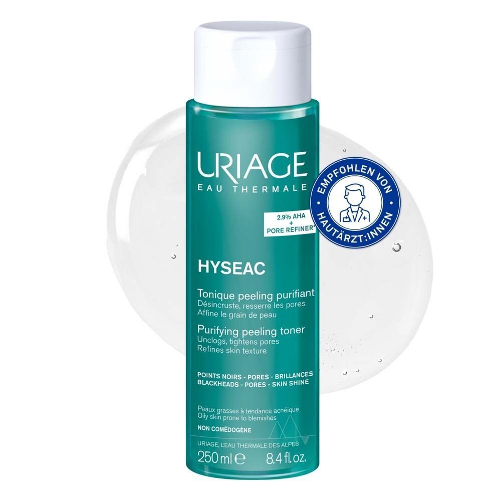 Flasche URIAGE Hyseac Gesichtstonic. Grün-weiße Flasche mit Etikett. Empfohlen von Hautärzten.