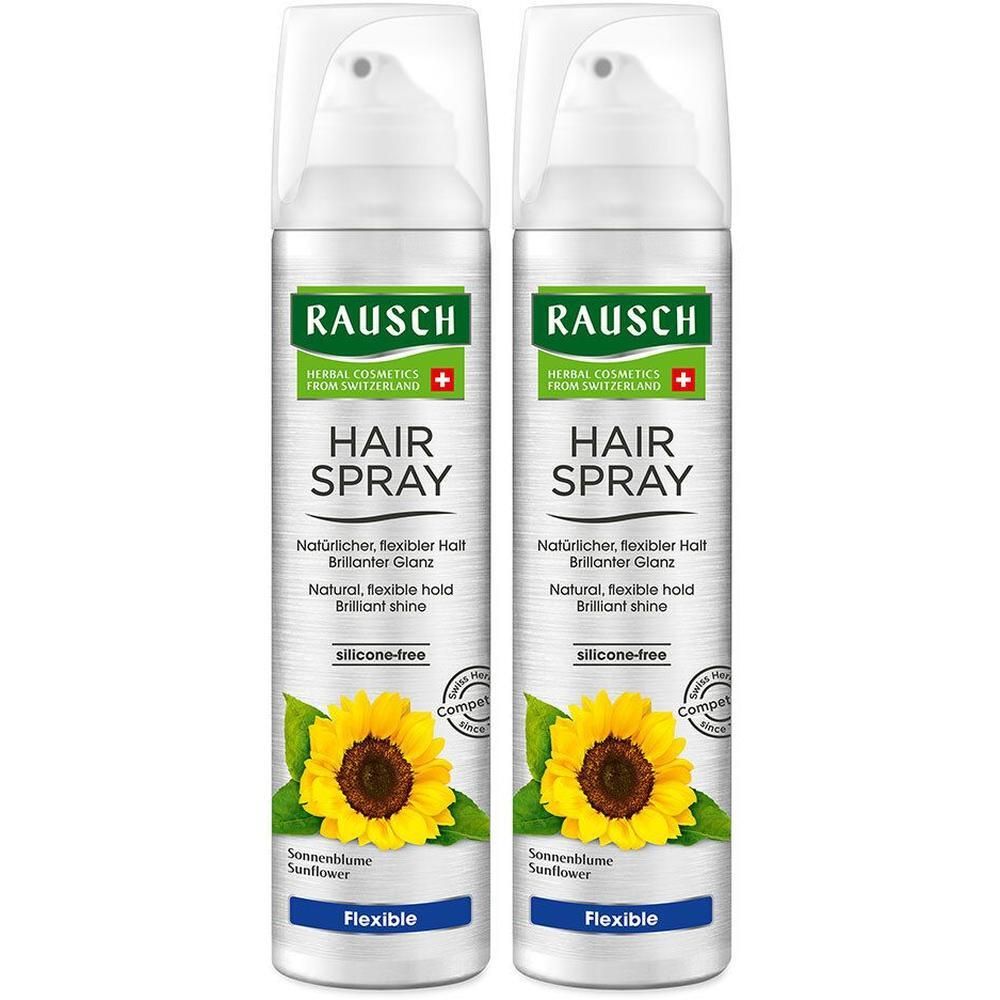 Zwei Aerosol-Haarsprays. Aufschrift: RAUSCH HAIR SPRAY. Mit Sonnenblumen-Motiv. Flexible Halteformel. Ohne Silikone.