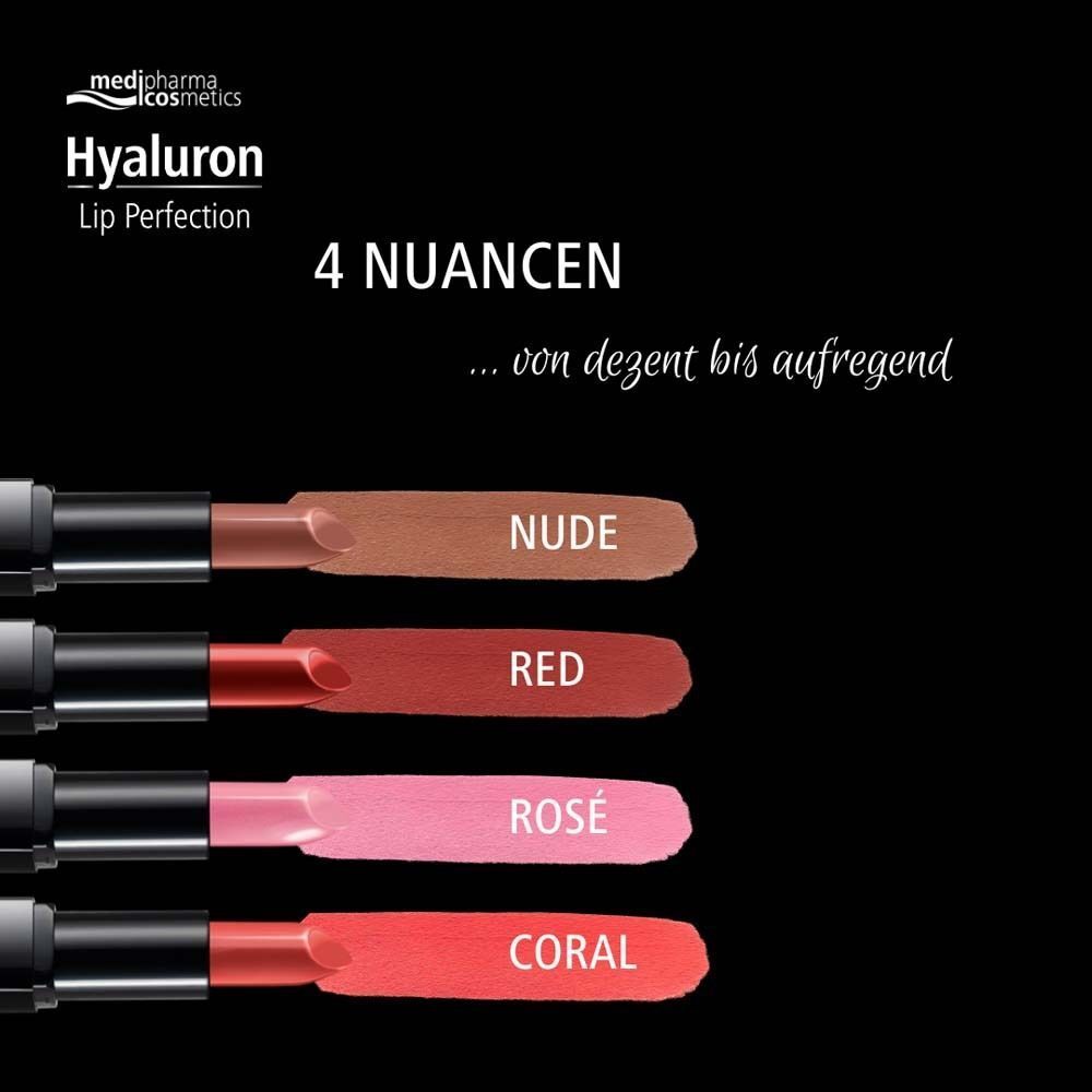 Vier Lippenstifte in verschiedenen Farben. Text: 4 Nuancen, Nude, Red, Rosé, Coral. Marke und Produktname sichtbar.