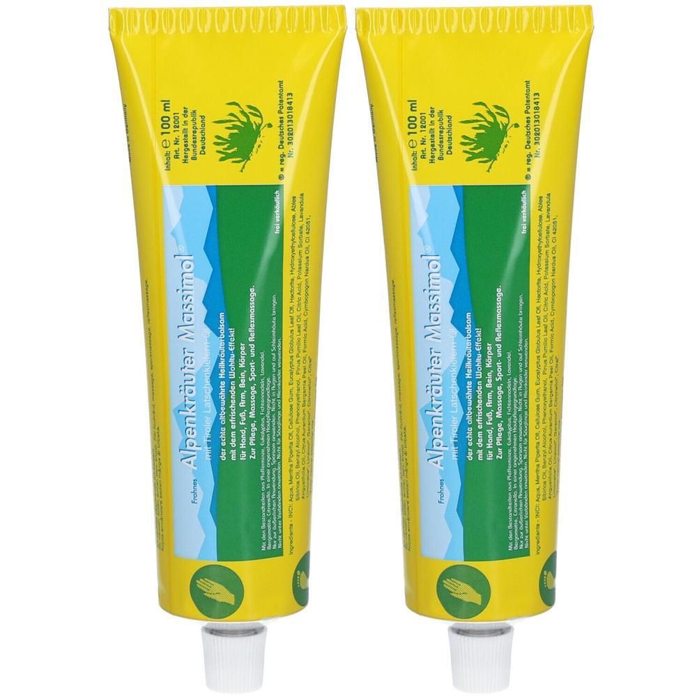 Zwei gelbe Tuben Alpenkräuter Massimol. Aufschrift: Alpenkräuter Massimol, 100 ml. Grün-blaue Landschaft.