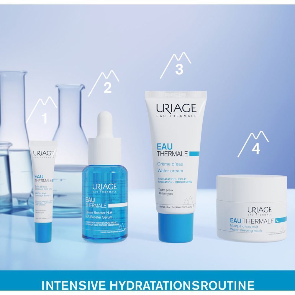 Verschiedene Produkte der Marke. Uriage Eau Thermale. Produkte: Serum, Creme, Maske. Text: Intensive Hydratationsroutine.