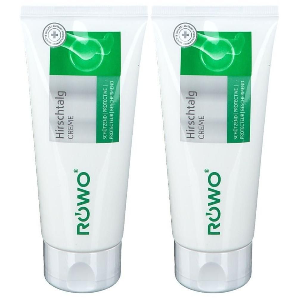 Zwei Tuben RÖWO Hirschtalgcreme. Weiße Tuben mit grünen und silbernen Akzenten. Aufschrift: Hirschtalg Creme, RÖWO Logo.