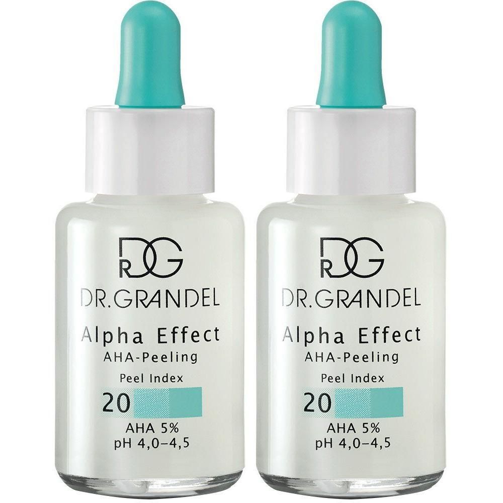 Zwei Flaschen mit weißem Körper, weißem Deckel und türkisfarbener Pipette. Aufschrift: DR. GRANDEL Alpha Effect, AHA-Peeling, Peel Index 20, AHA 5%, pH 4,0-4,5.