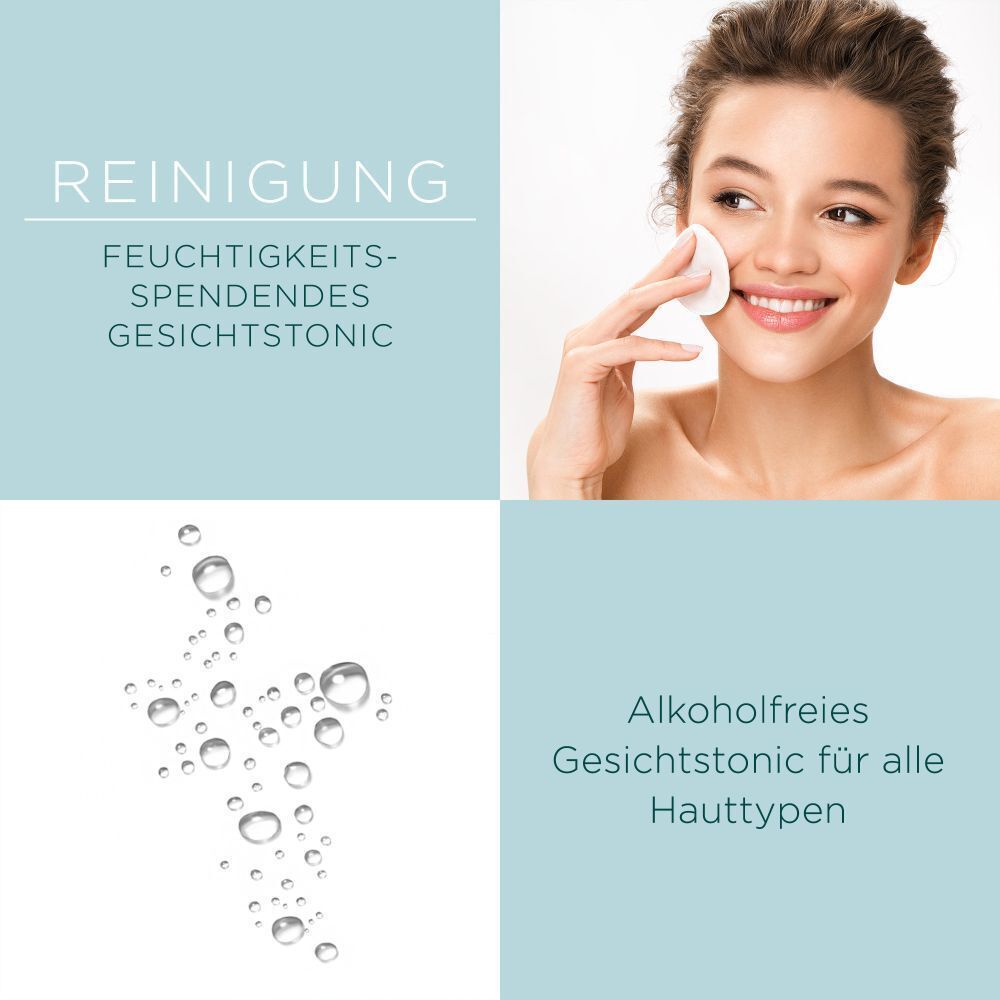 Aufgeteiltes Bild. Oben links: Reinigung. Oben rechts: Frau mit Wattepad. Unten links: Wassertropfen. Unten rechts: Gesichtstonic für alle Hauttypen.