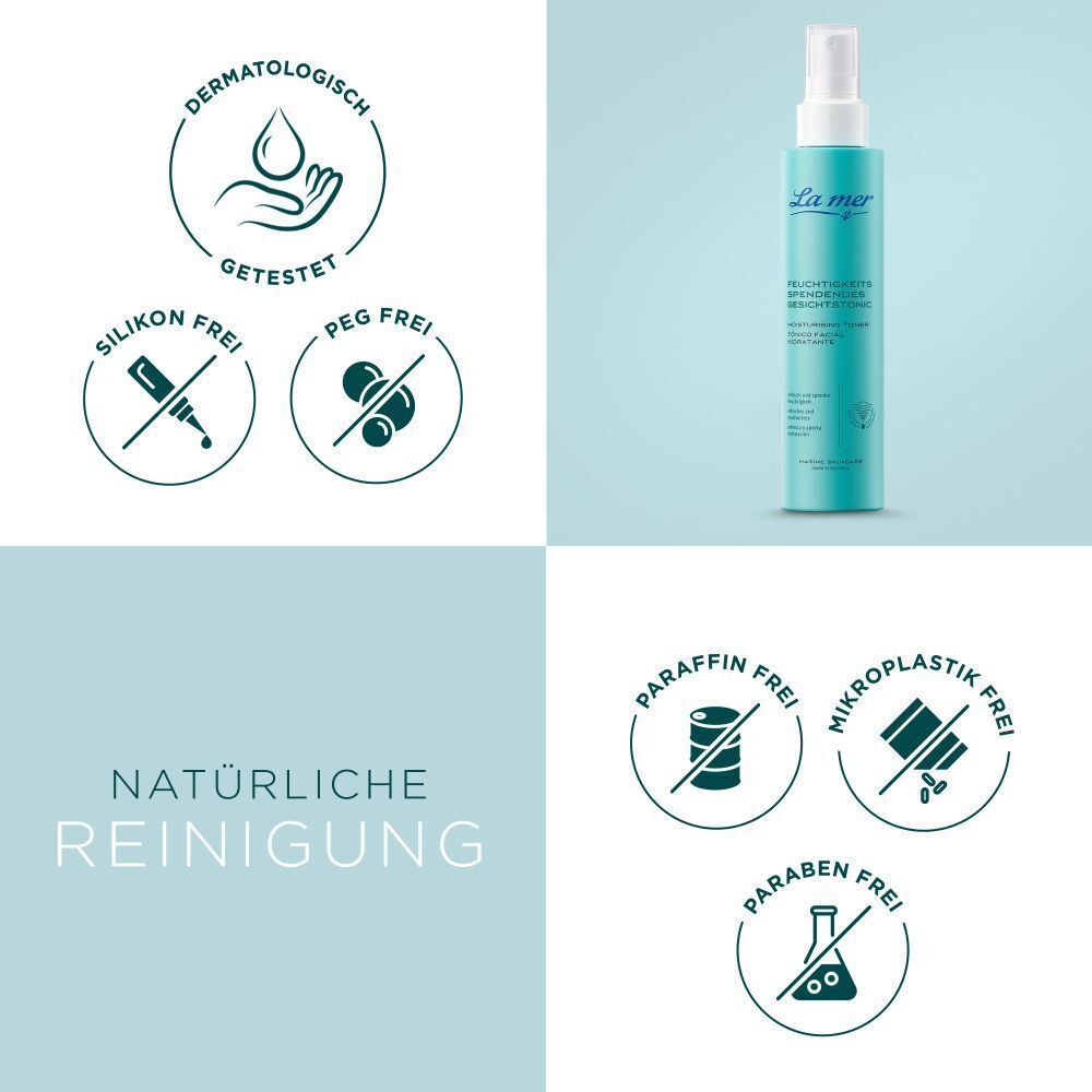 La mer Gesichtstonic Flasche. Türkisgrün mit weißem Sprühkopf. Links: Logos für dermatologisch getestet, silikonfrei, PEG-frei, etc. Natürliche Reinigung.