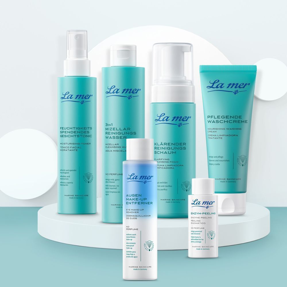 Produktreihe La mer. Gesichtstonic, Mizellen Reinigungswasser, Reinigungsschaum, Waschcreme, Augen Make-up Entferner, Enzym Peeling. Marine Skincare.