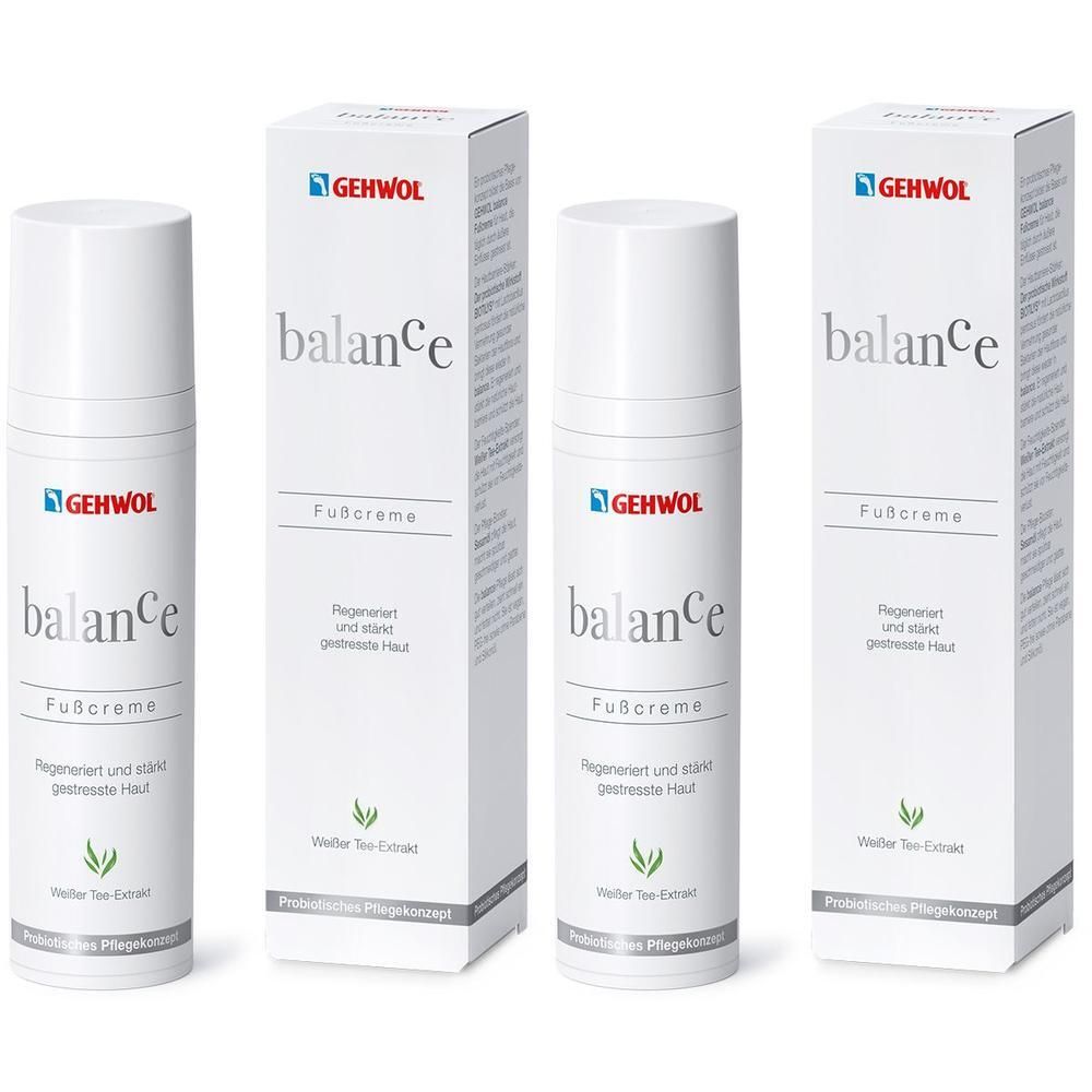 Drei weiße Tuben und Verpackungen. Aufschrift: GEHWOL balance Fußcreme. Text und Logo auf Verpackung und Tube.