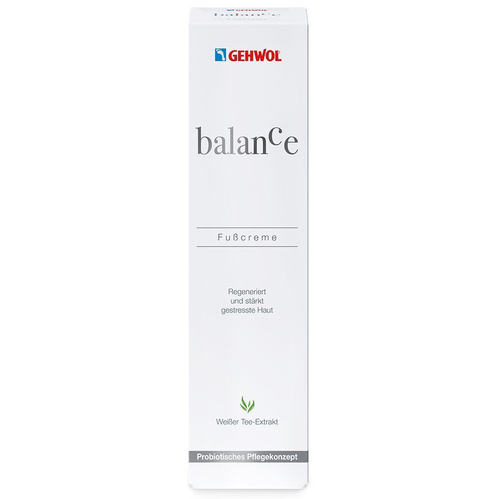 Weiße Verpackung. Aufschrift: GEHWOL balance Fußcreme. Text und Logo. Kleiner grüner Zweig unten.