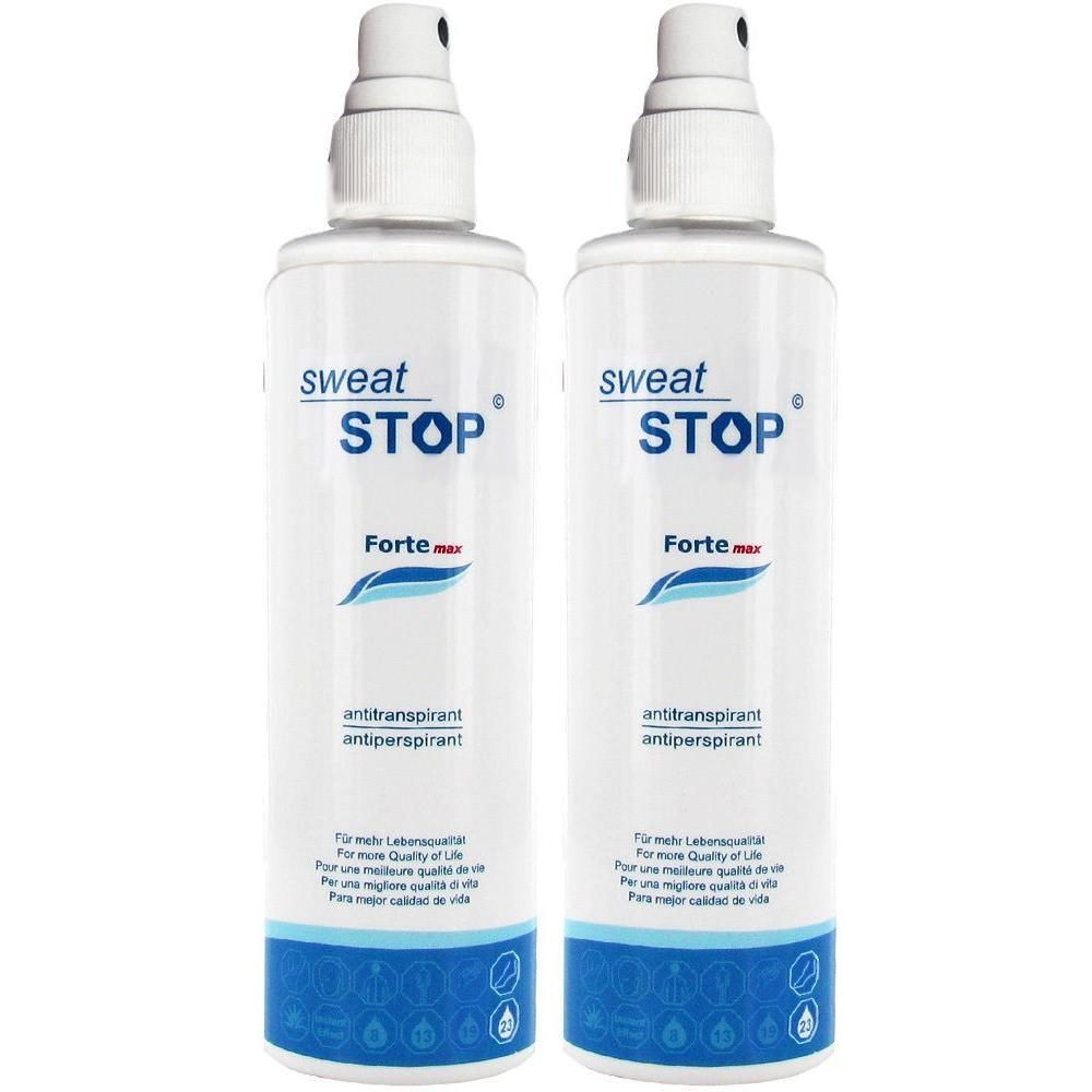 Zwei weiße Sprühflaschen mit weißem Sprühkopf. Aufschrift: sweat STOP, Forte max, Antitranspirant. Text in mehreren Sprachen.