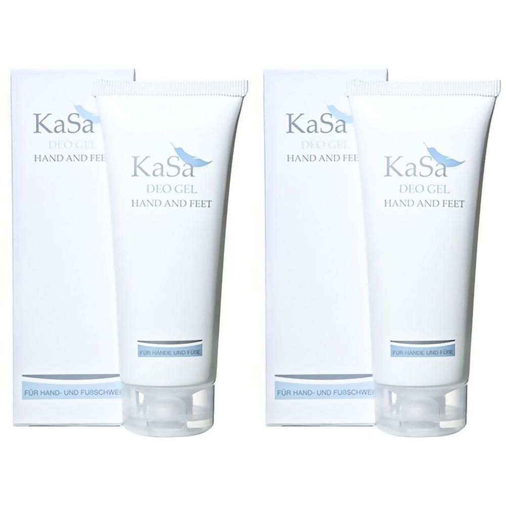 Zwei weiße Tuben mit Kartonverpackung. Aufschrift: Kasa Deo Gel Hand and Feet. Blaue Feder-Grafik. Text: Für Hand- und Fußschweiß.