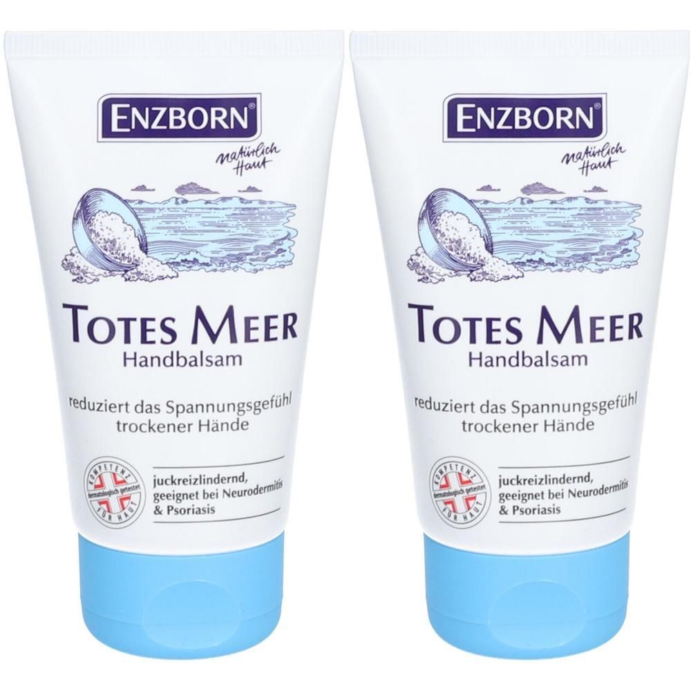 Zwei Tuben Handbalsam. Aufschrift: TOTES MEER Handbalsam, ENZBORN. Reduziert Spannungsgefühl trockener Hände. Geeignet bei Neurodermitis & Psoriasis.