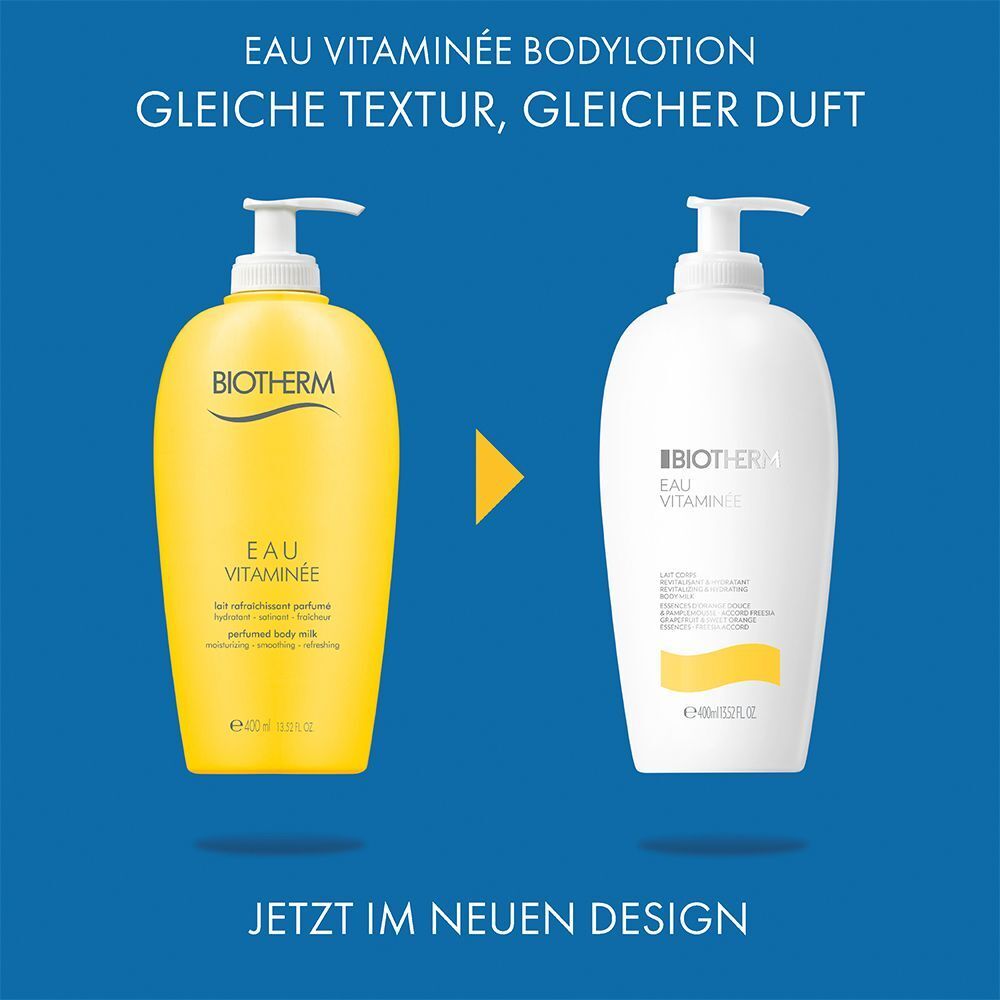 Vergleich von gelber und weißer BIOTHERM Eau Vitaminée Bodymilk Flasche. Text: Eau Vitaminée Bodylotion, Gleiche Textur, Gleicher Duft.