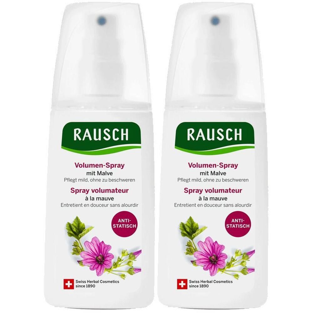 Zwei weiße Sprühflaschen mit grünem Etikett. Aufschrift: Volumen-Spray mit Malve. Logo: Rausch. Anti-Statisch-Siegel. Schweizer Kräuterkosmetik.