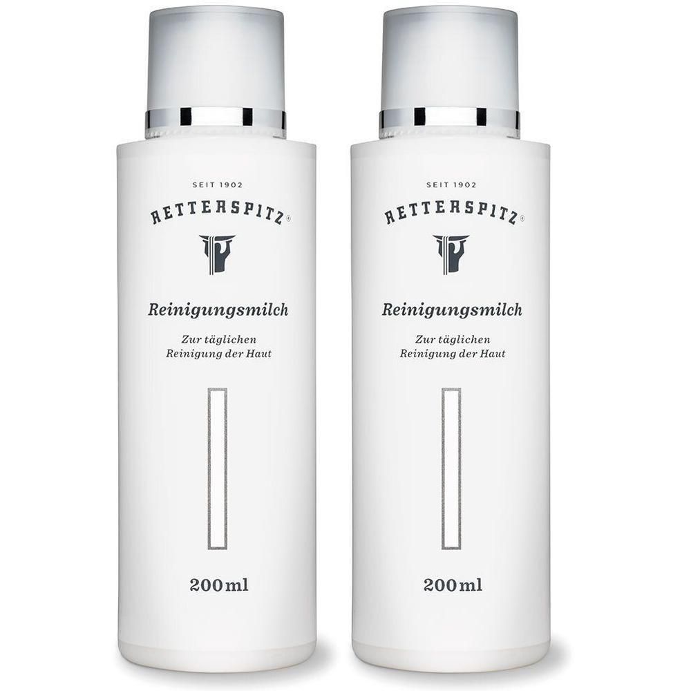 Zwei weiße Flaschen mit silbernen Verschlüssen. Aufschrift: RETTERSPITZ Reinigungsmilch. Text: Zur täglichen Reinigung der Haut. 200ml.