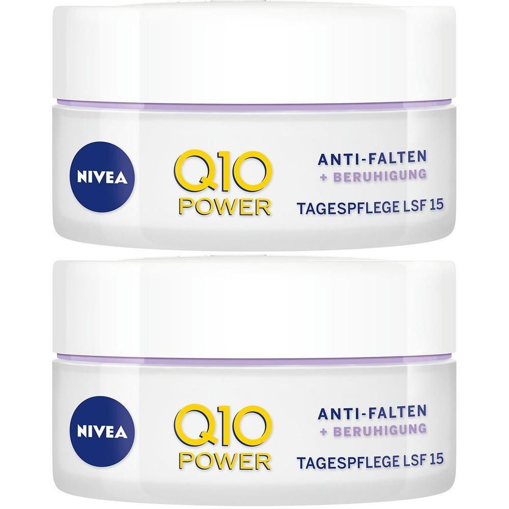 Zwei Tiegel NIVEA Q10 Power Tagespflege. Weiße Tiegel mit blauem Deckel und gelber Schrift. Aufschrift: Q10 Power, Anti-Falten + Beruhigung, LSF 15.